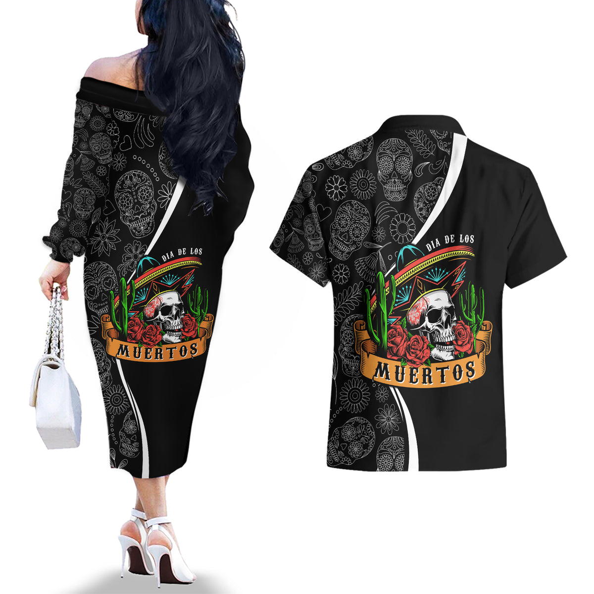 Mexico Day Of The Dead Couples Matching Off The Shoulder Long Sleeve Dress and Hawaiian Shirt Sombrero Sugar Skull With Roses LT7 - Wonder Print Shop