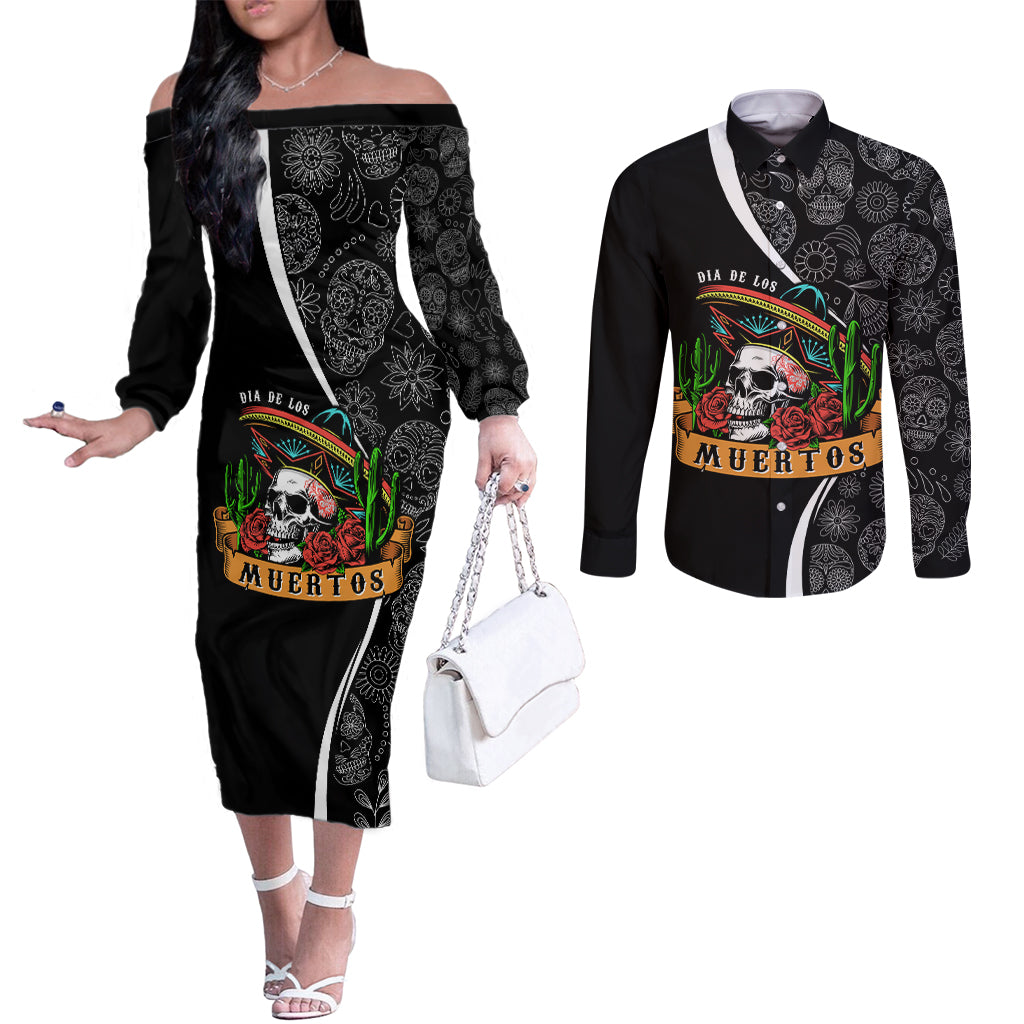 mexico-day-of-the-dead-couples-matching-off-the-shoulder-long-sleeve-dress-and-long-sleeve-button-shirts-sombrero-sugar-skull-with-roses