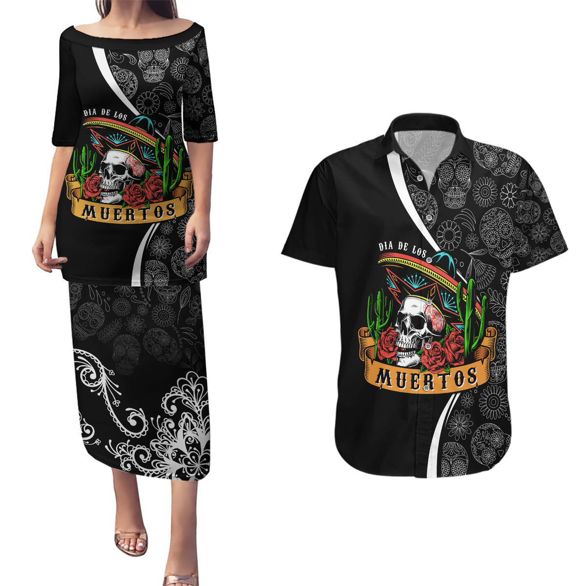 Mexico Day Of The Dead Couples Matching Puletasi Dress and Hawaiian Shirt Sombrero Sugar Skull With Roses LT7 - Wonder Print Shop