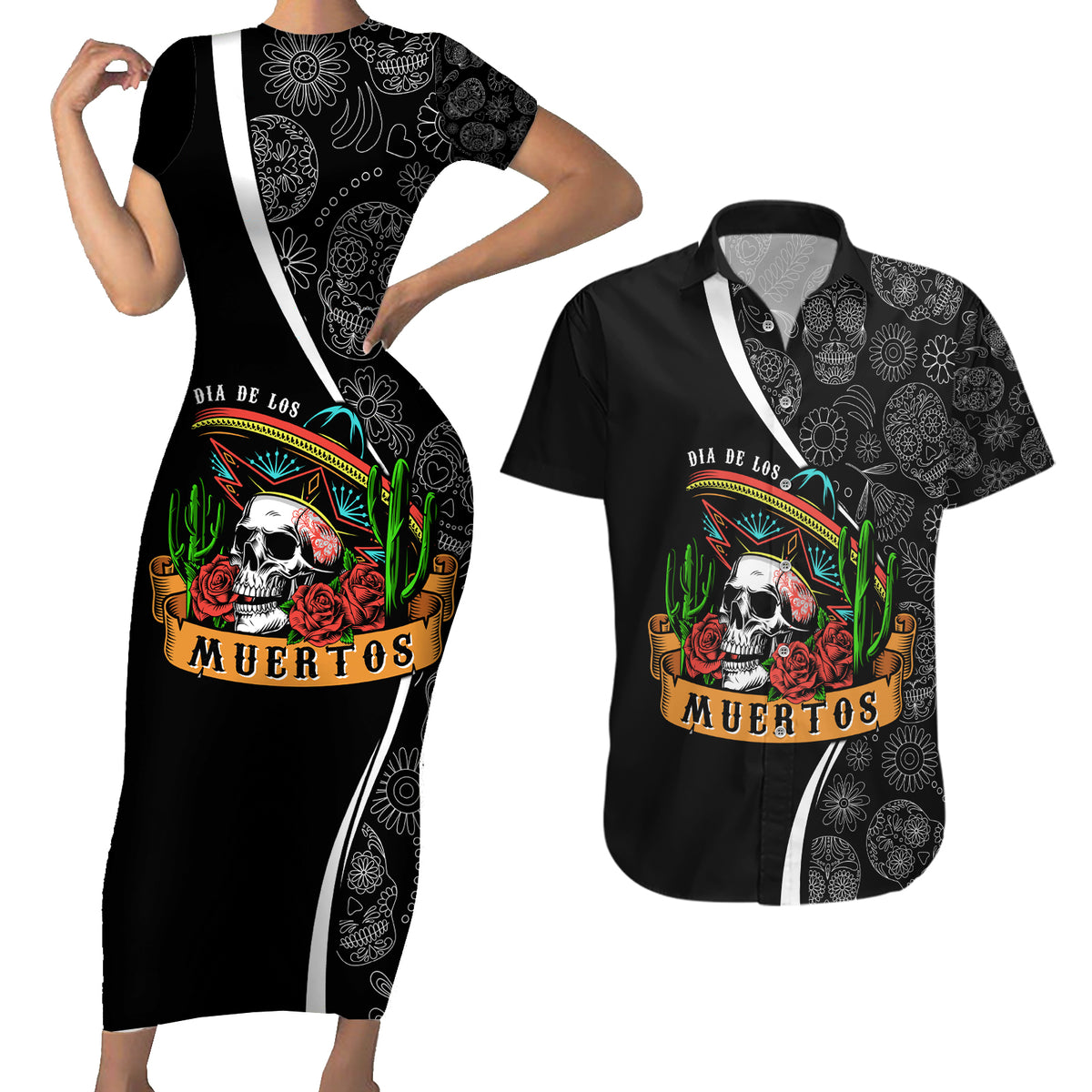 Mexico Day Of The Dead Couples Matching Short Sleeve Bodycon Dress and Hawaiian Shirt Sombrero Sugar Skull With Roses LT7 - Wonder Print Shop