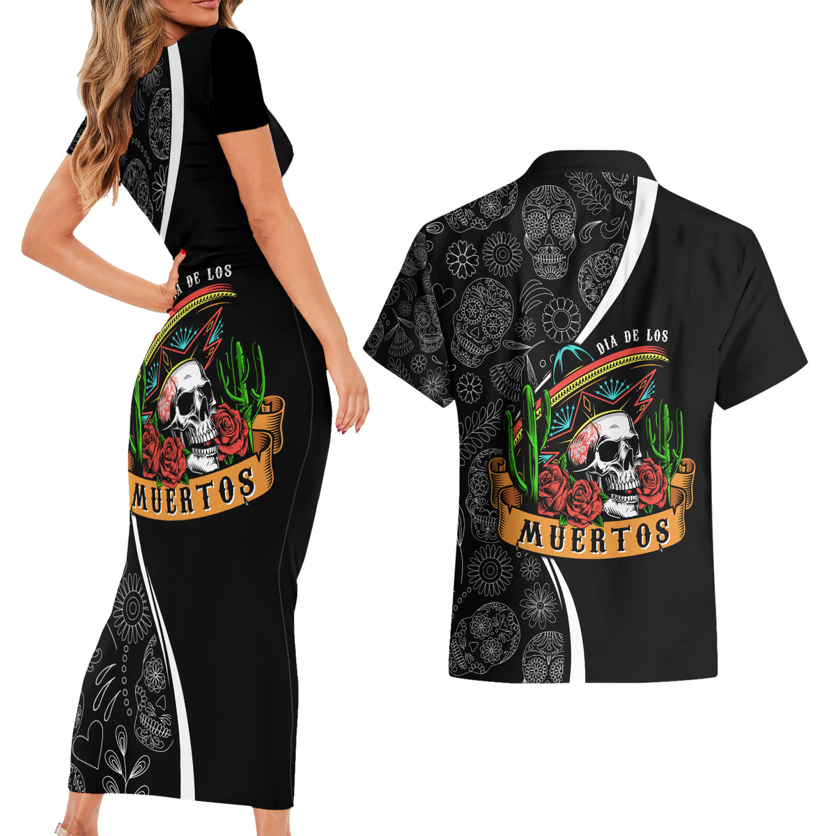 Mexico Day Of The Dead Couples Matching Short Sleeve Bodycon Dress and Hawaiian Shirt Sombrero Sugar Skull With Roses LT7 - Wonder Print Shop