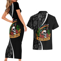 Mexico Day Of The Dead Couples Matching Short Sleeve Bodycon Dress and Hawaiian Shirt Sombrero Sugar Skull With Roses LT7 - Wonder Print Shop