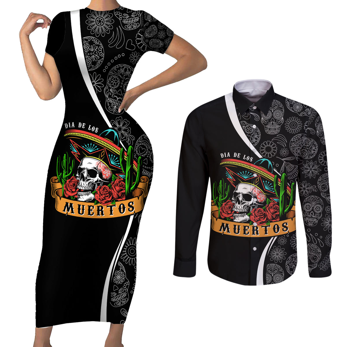 Mexico Day Of The Dead Couples Matching Short Sleeve Bodycon Dress and Long Sleeve Button Shirts Sombrero Sugar Skull With Roses LT7 - Wonder Print Shop
