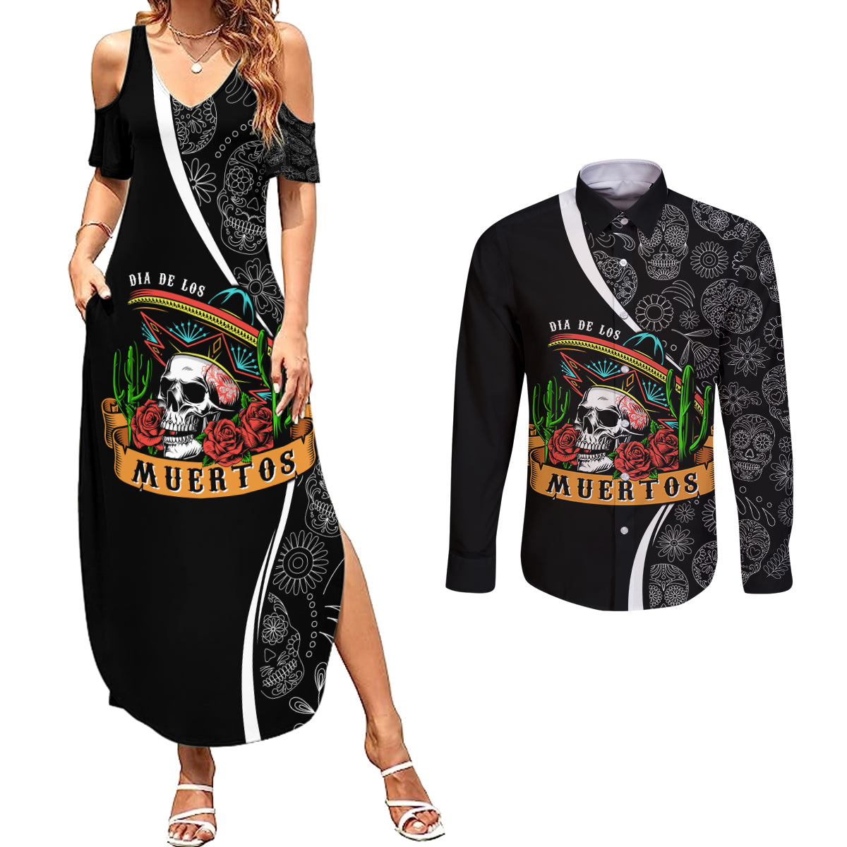 Mexico Day Of The Dead Couples Matching Summer Maxi Dress and Long Sleeve Button Shirts Sombrero Sugar Skull With Roses LT7 - Wonder Print Shop