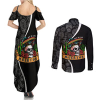 Mexico Day Of The Dead Couples Matching Summer Maxi Dress and Long Sleeve Button Shirts Sombrero Sugar Skull With Roses LT7 - Wonder Print Shop
