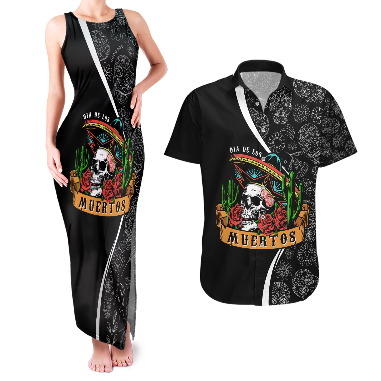 Mexico Day Of The Dead Couples Matching Tank Maxi Dress and Hawaiian Shirt Sombrero Sugar Skull With Roses LT7 - Wonder Print Shop