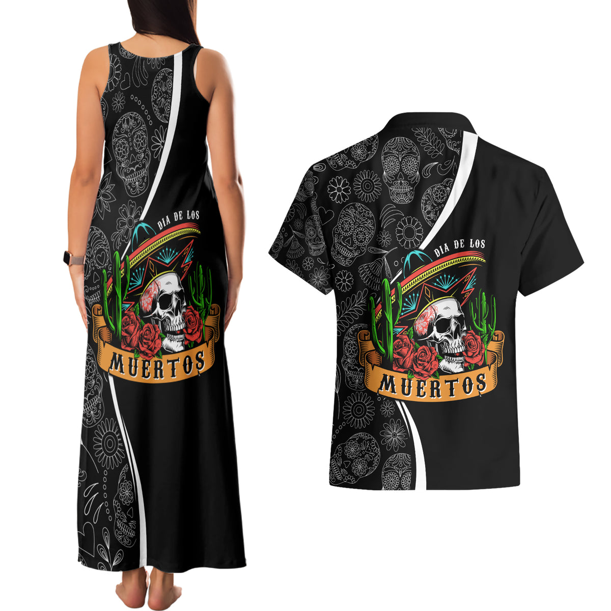 Mexico Day Of The Dead Couples Matching Tank Maxi Dress and Hawaiian Shirt Sombrero Sugar Skull With Roses LT7 - Wonder Print Shop