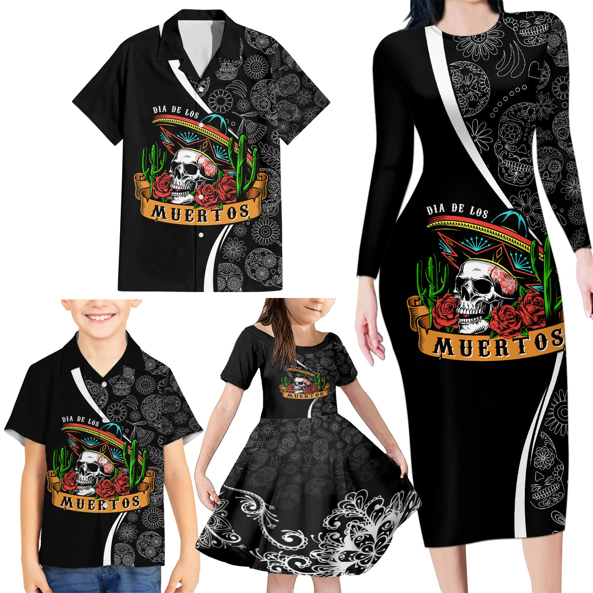 Mexico Day Of The Dead Family Matching Long Sleeve Bodycon Dress and Hawaiian Shirt Sombrero Sugar Skull With Roses LT7 - Wonder Print Shop