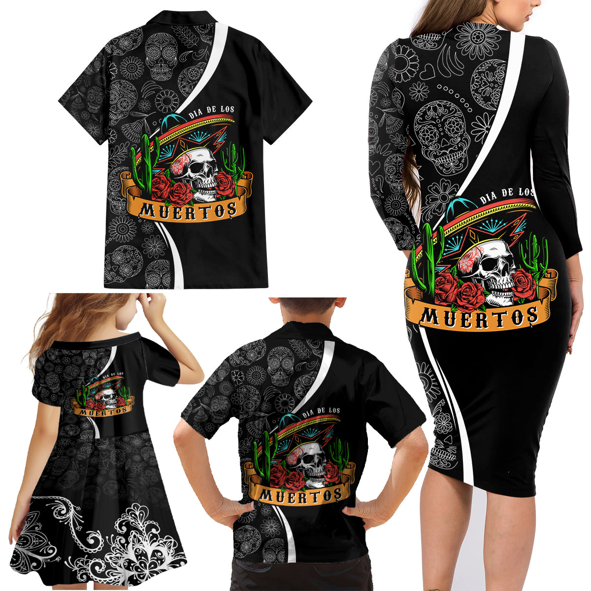 Mexico Day Of The Dead Family Matching Long Sleeve Bodycon Dress and Hawaiian Shirt Sombrero Sugar Skull With Roses LT7 - Wonder Print Shop