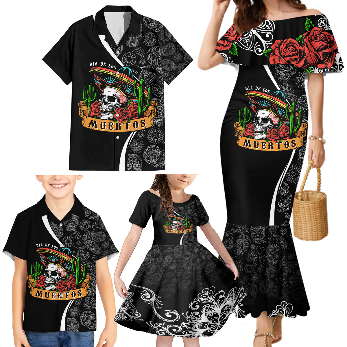 Mexico Day Of The Dead Family Matching Mermaid Dress and Hawaiian Shirt Sombrero Sugar Skull With Roses LT7 - Wonder Print Shop
