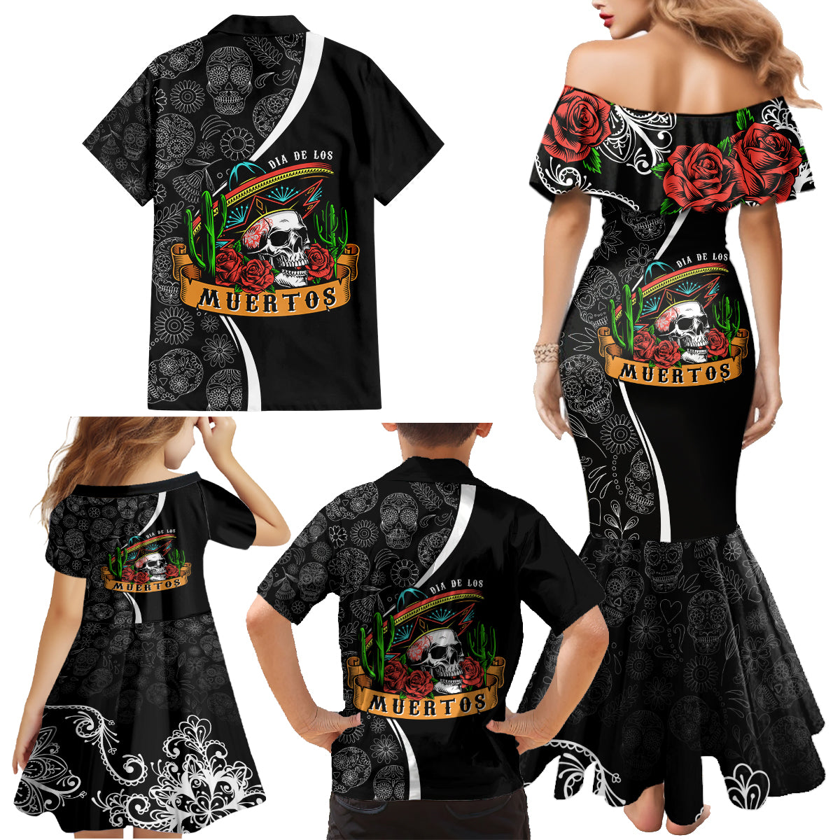 Mexico Day Of The Dead Family Matching Mermaid Dress and Hawaiian Shirt Sombrero Sugar Skull With Roses LT7 - Wonder Print Shop
