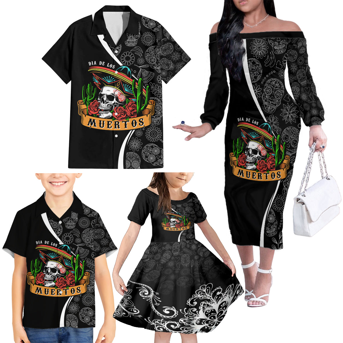 Mexico Day Of The Dead Family Matching Off Shoulder Long Sleeve Dress and Hawaiian Shirt Sombrero Sugar Skull With Roses - Wonder Print Shop