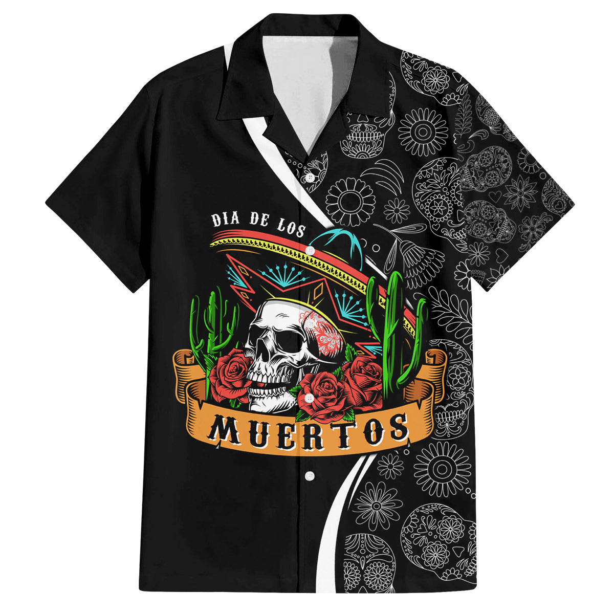 Mexico Day Of The Dead Family Matching Off Shoulder Long Sleeve Dress and Hawaiian Shirt Sombrero Sugar Skull With Roses - Wonder Print Shop