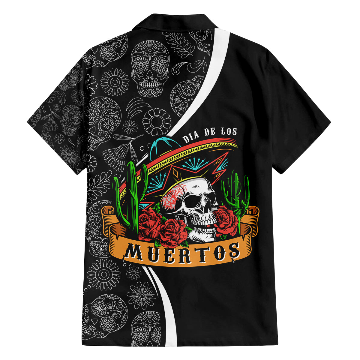 Mexico Day Of The Dead Family Matching Off Shoulder Long Sleeve Dress and Hawaiian Shirt Sombrero Sugar Skull With Roses - Wonder Print Shop