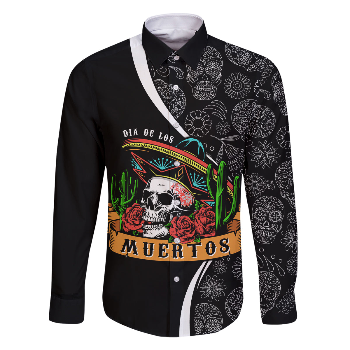 Mexico Day Of The Dead Family Matching Off Shoulder Long Sleeve Dress and Hawaiian Shirt Sombrero Sugar Skull With Roses - Wonder Print Shop