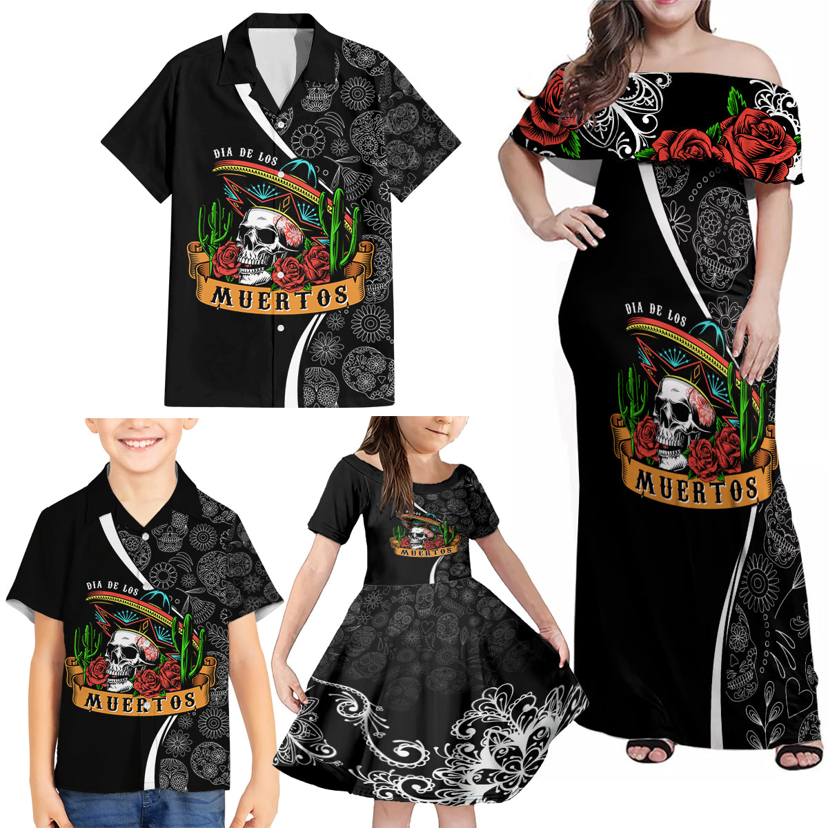 Mexico Day Of The Dead Family Matching Off Shoulder Maxi Dress and Hawaiian Shirt Sombrero Sugar Skull With Roses LT7 - Wonder Print Shop