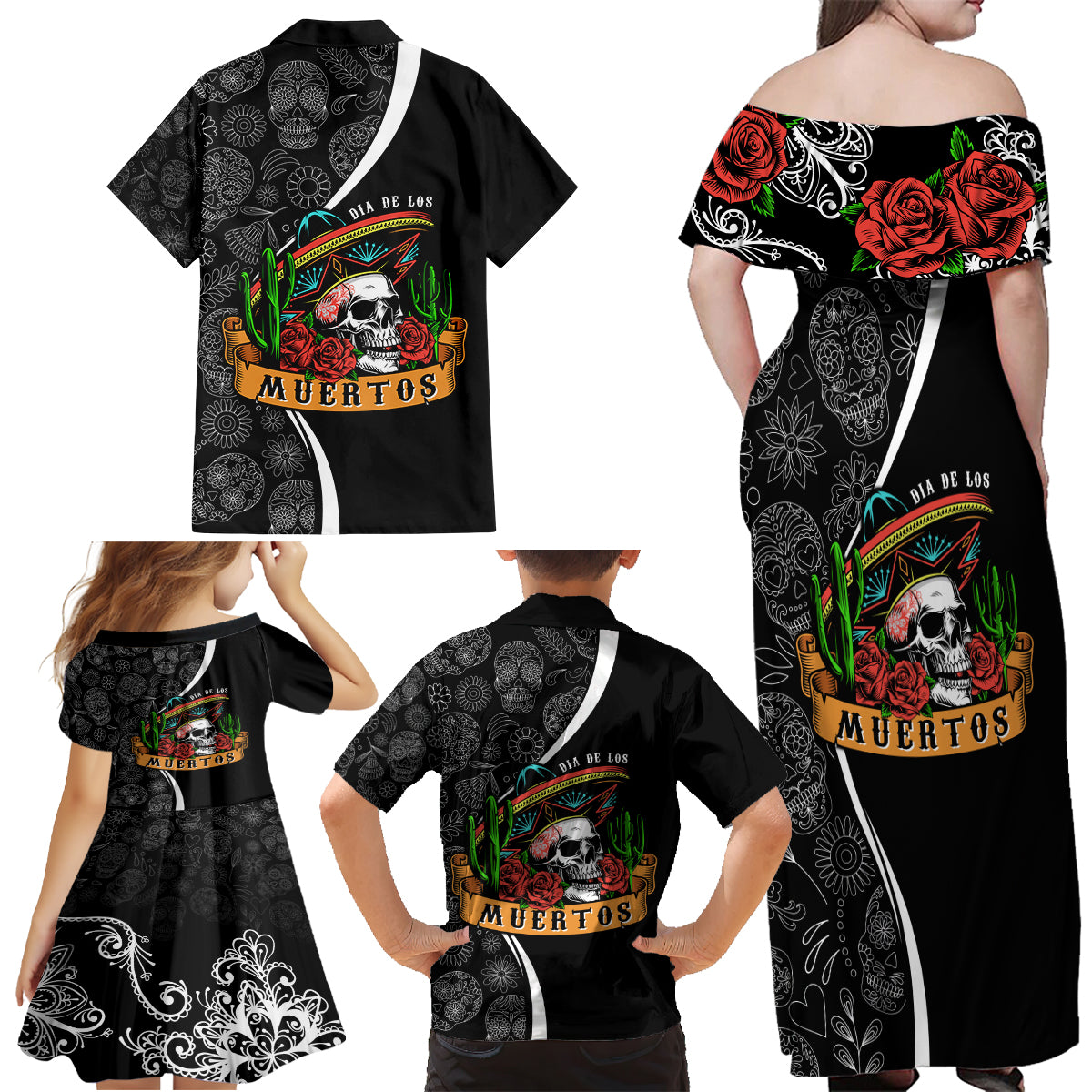 Mexico Day Of The Dead Family Matching Off Shoulder Maxi Dress and Hawaiian Shirt Sombrero Sugar Skull With Roses LT7 - Wonder Print Shop