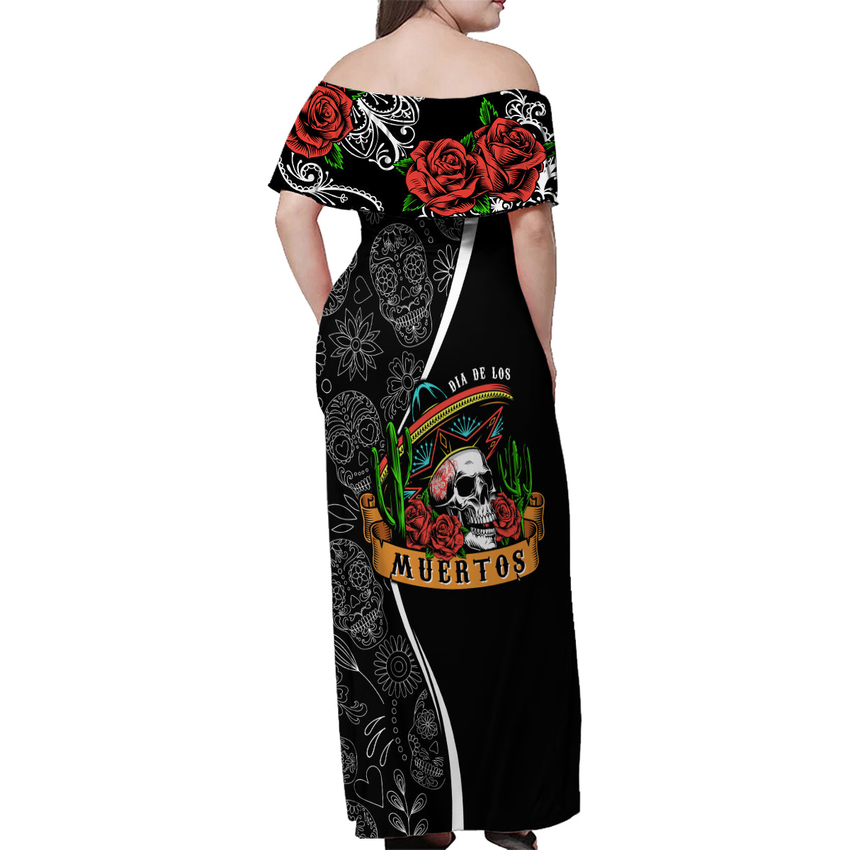 Mexico Day Of The Dead Family Matching Off Shoulder Maxi Dress and Hawaiian Shirt Sombrero Sugar Skull With Roses LT7 - Wonder Print Shop