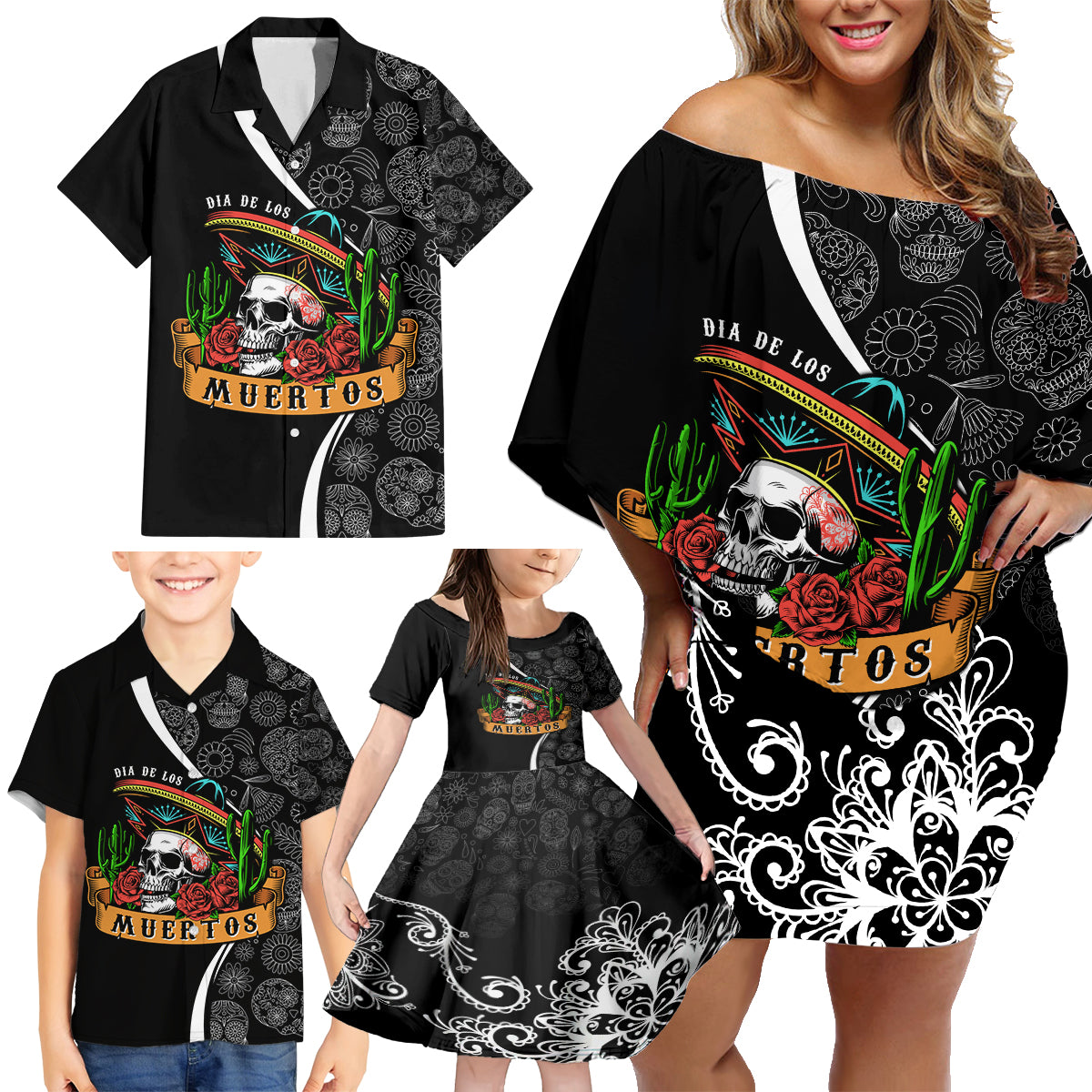Mexico Day Of The Dead Family Matching Off Shoulder Short Dress and Hawaiian Shirt Sombrero Sugar Skull With Roses LT7 - Wonder Print Shop