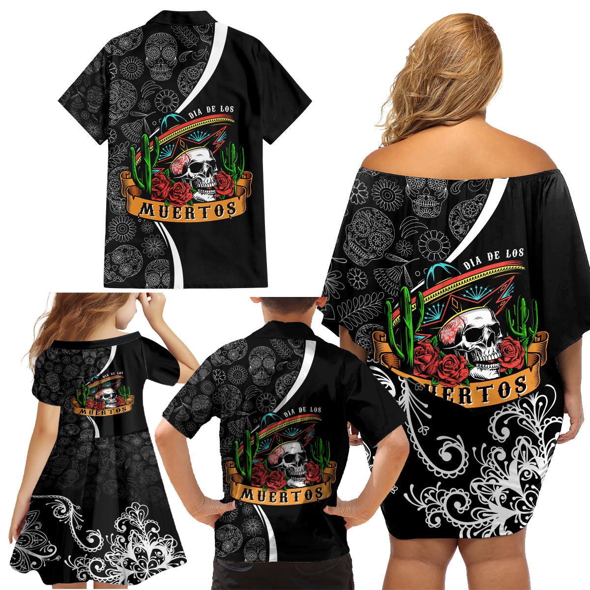 Mexico Day Of The Dead Family Matching Off Shoulder Short Dress and Hawaiian Shirt Sombrero Sugar Skull With Roses LT7 - Wonder Print Shop