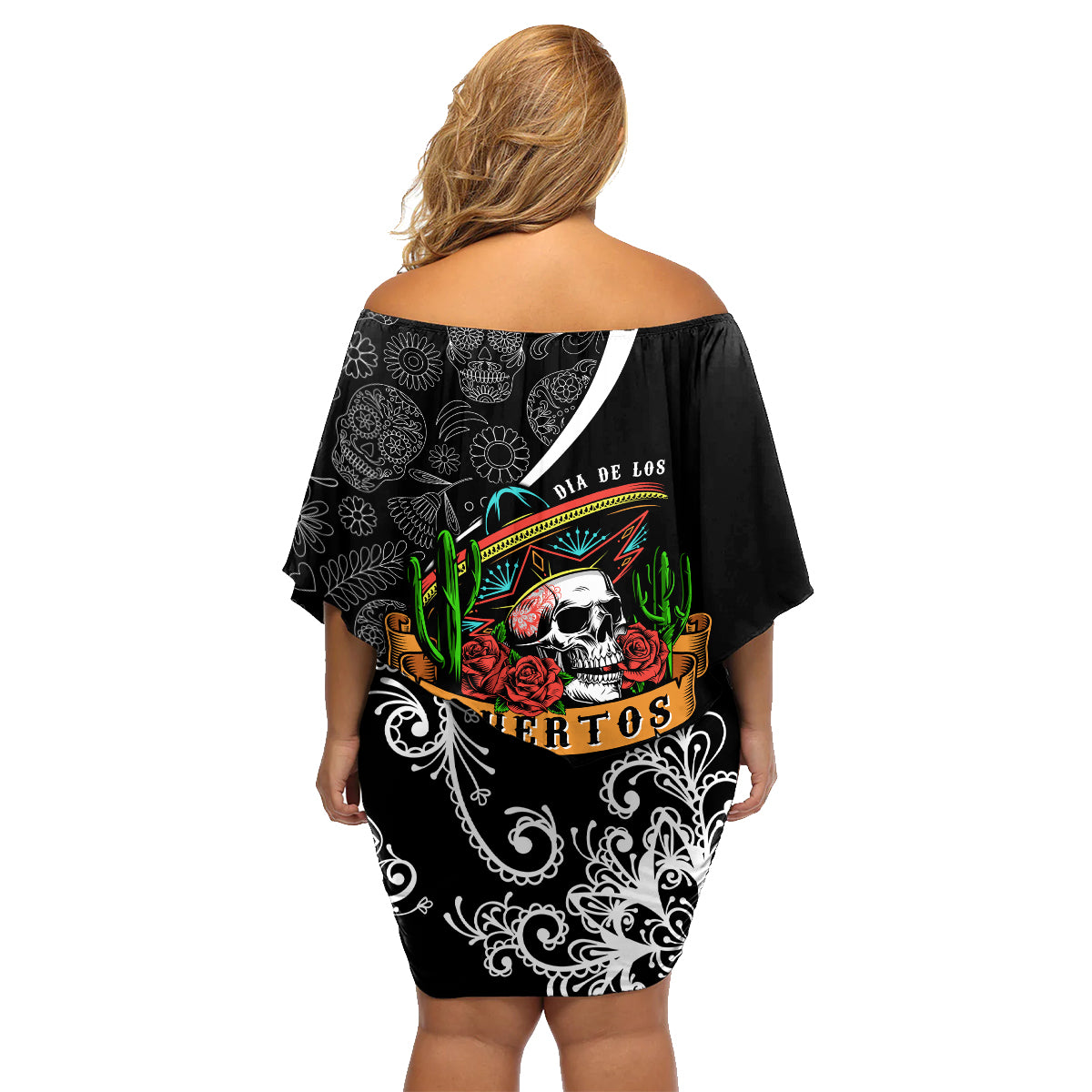 Mexico Day Of The Dead Family Matching Off Shoulder Short Dress and Hawaiian Shirt Sombrero Sugar Skull With Roses LT7 - Wonder Print Shop