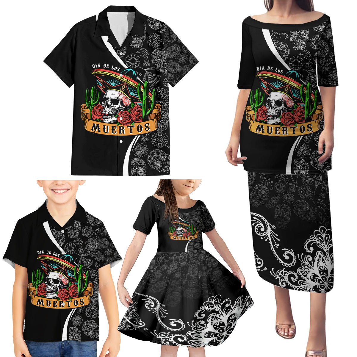 Mexico Day Of The Dead Family Matching Puletasi Dress and Hawaiian Shirt Sombrero Sugar Skull With Roses - Wonder Print Shop