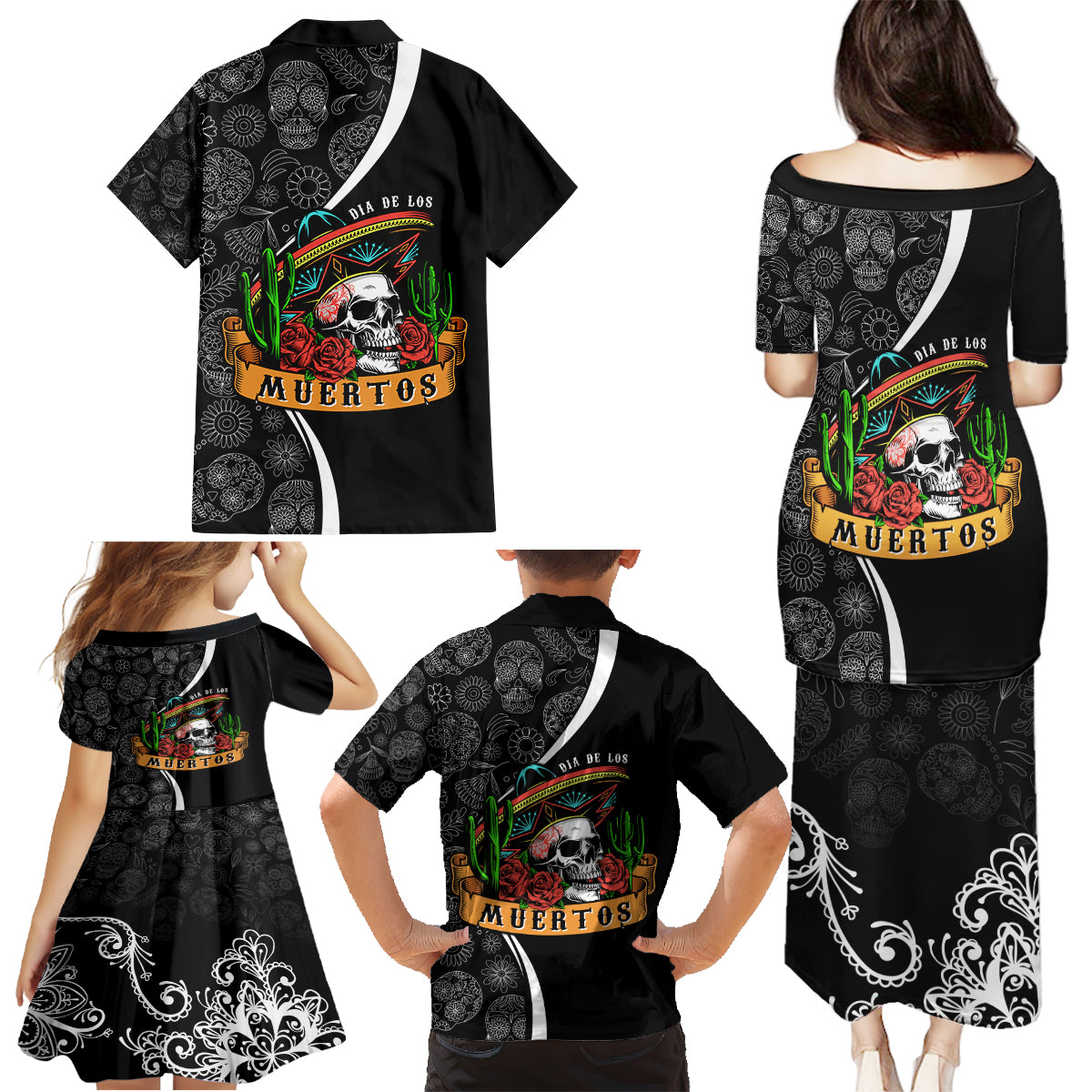 Mexico Day Of The Dead Family Matching Puletasi Dress and Hawaiian Shirt Sombrero Sugar Skull With Roses - Wonder Print Shop