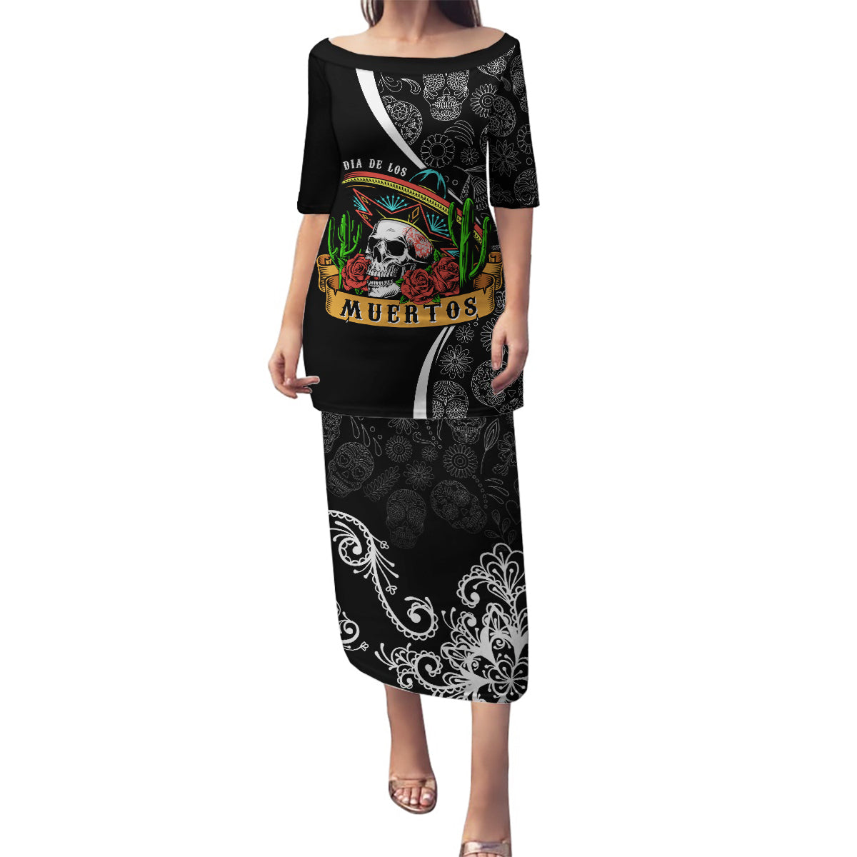 Mexico Day Of The Dead Family Matching Puletasi Dress and Hawaiian Shirt Sombrero Sugar Skull With Roses - Wonder Print Shop