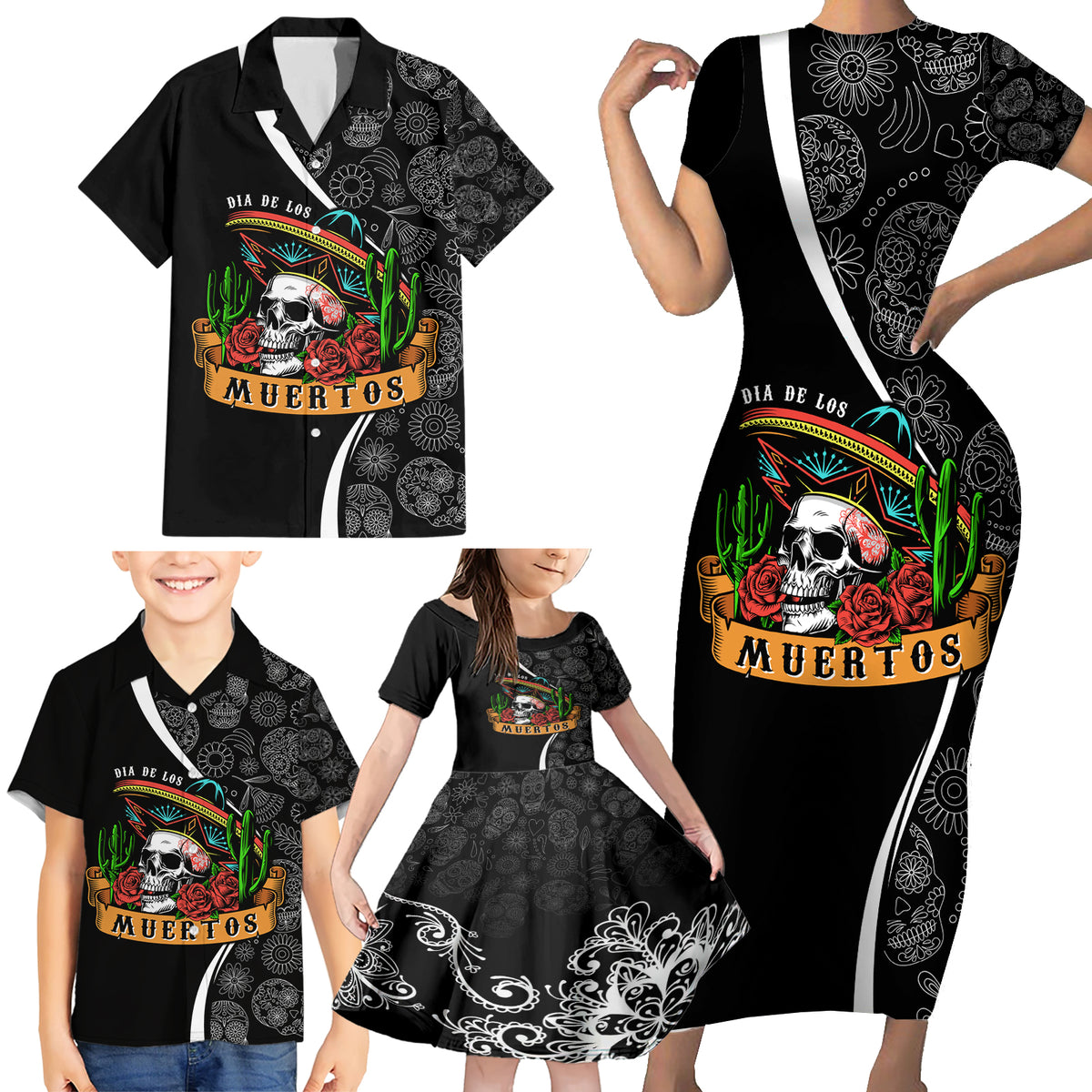 Mexico Day Of The Dead Family Matching Short Sleeve Bodycon Dress and Hawaiian Shirt Sombrero Sugar Skull With Roses - Wonder Print Shop