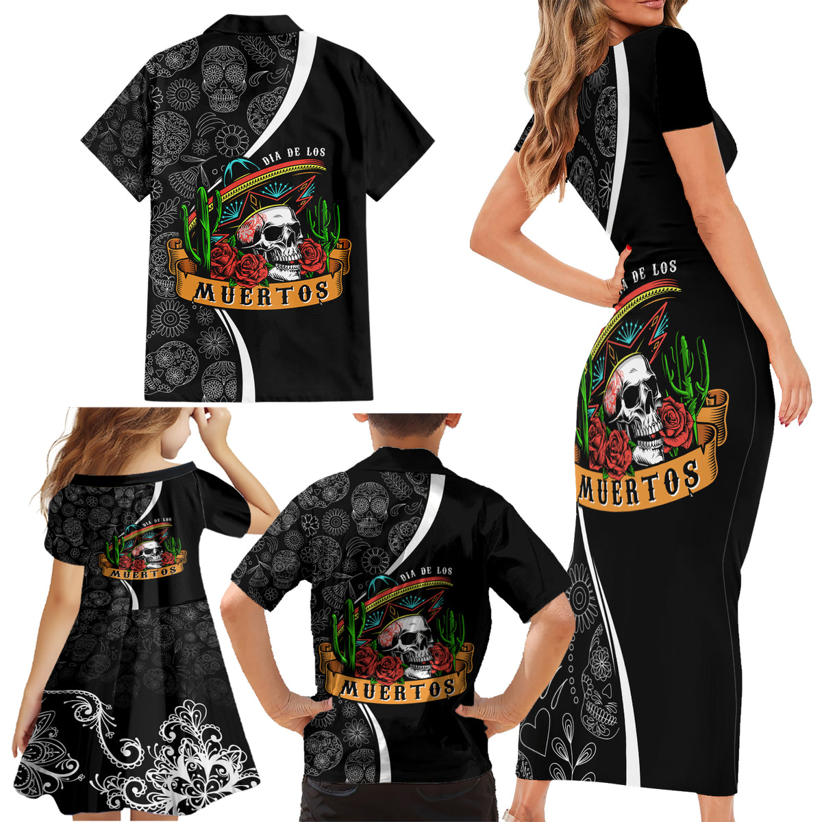 Mexico Day Of The Dead Family Matching Short Sleeve Bodycon Dress and Hawaiian Shirt Sombrero Sugar Skull With Roses - Wonder Print Shop