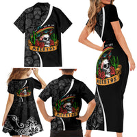 Mexico Day Of The Dead Family Matching Short Sleeve Bodycon Dress and Hawaiian Shirt Sombrero Sugar Skull With Roses - Wonder Print Shop