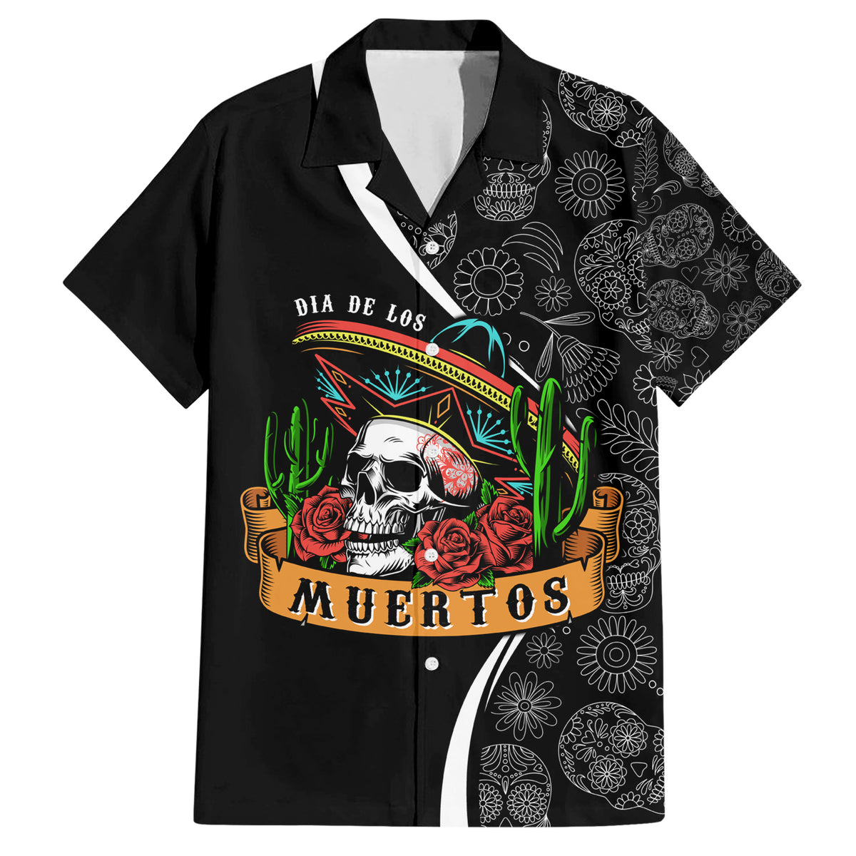 Mexico Day Of The Dead Family Matching Short Sleeve Bodycon Dress and Hawaiian Shirt Sombrero Sugar Skull With Roses - Wonder Print Shop