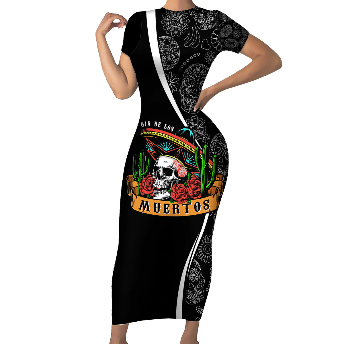 Mexico Day Of The Dead Family Matching Short Sleeve Bodycon Dress and Hawaiian Shirt Sombrero Sugar Skull With Roses - Wonder Print Shop