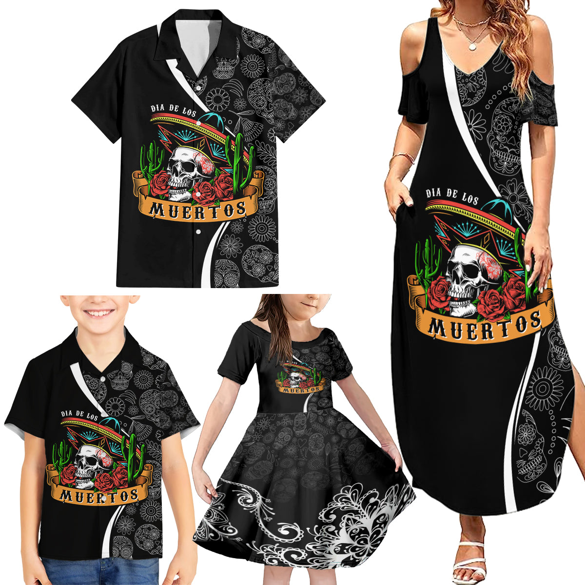 Mexico Day Of The Dead Family Matching Summer Maxi Dress and Hawaiian Shirt Sombrero Sugar Skull With Roses - Wonder Print Shop