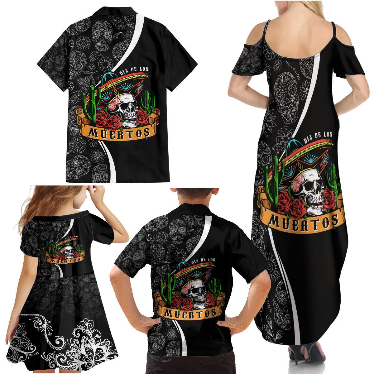 Mexico Day Of The Dead Family Matching Summer Maxi Dress and Hawaiian Shirt Sombrero Sugar Skull With Roses - Wonder Print Shop