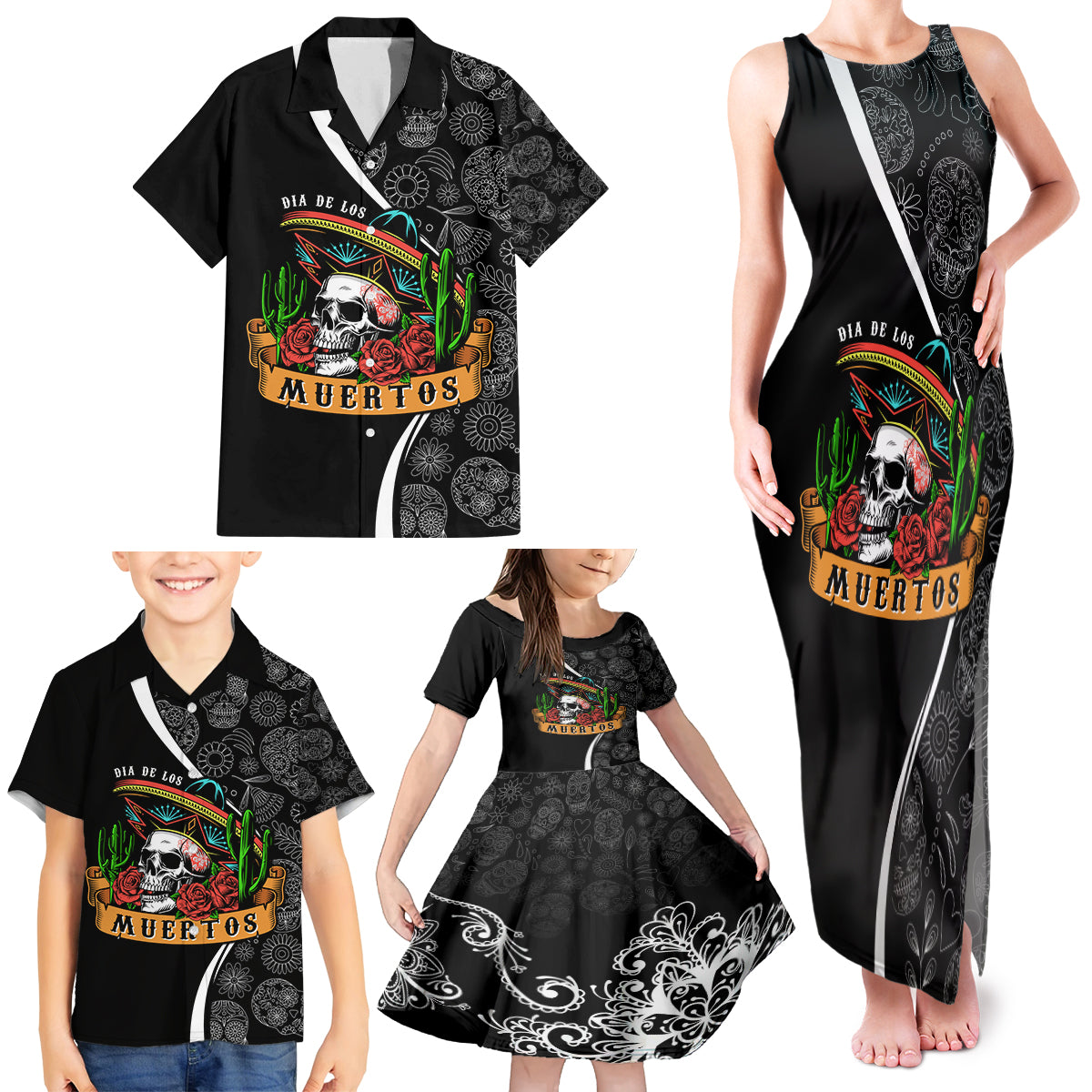 Mexico Day Of The Dead Family Matching Tank Maxi Dress and Hawaiian Shirt Sombrero Sugar Skull With Roses - Wonder Print Shop