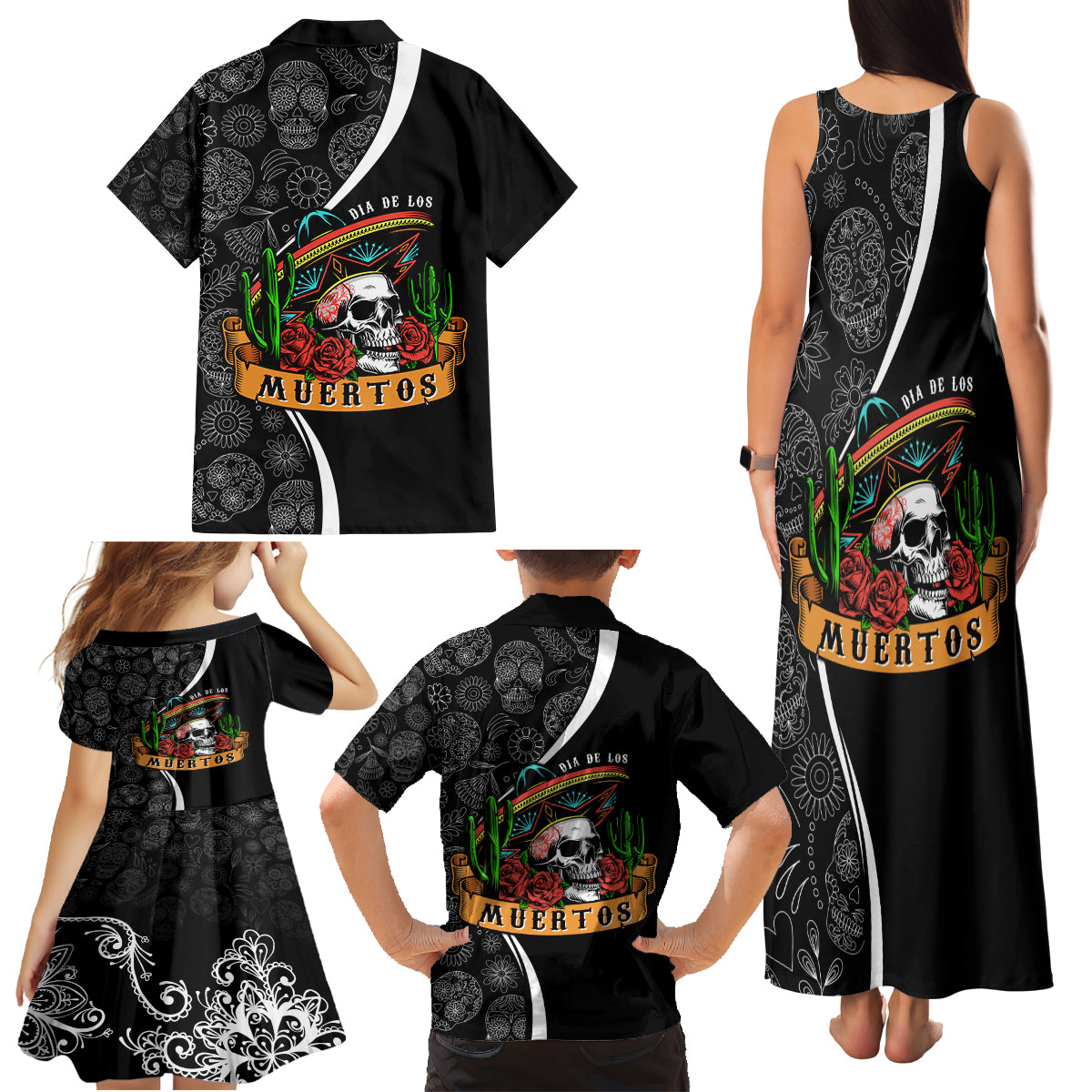 Mexico Day Of The Dead Family Matching Tank Maxi Dress and Hawaiian Shirt Sombrero Sugar Skull With Roses - Wonder Print Shop