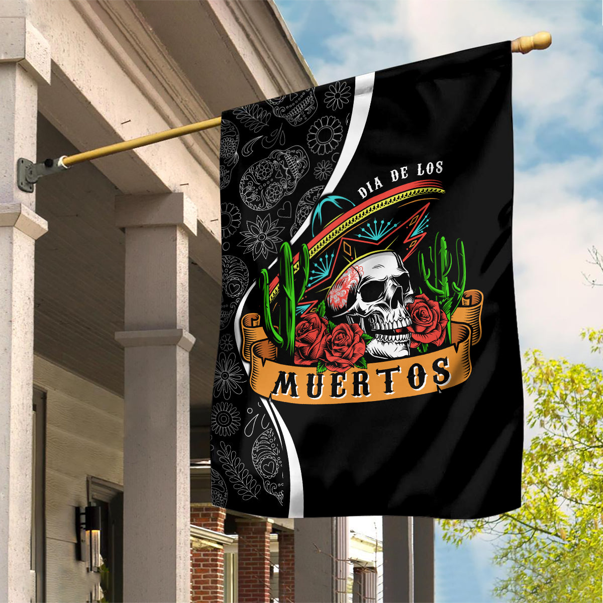 Mexico Day Of The Dead Garden Flag Sombrero Sugar Skull With Roses - Wonder Print Shop