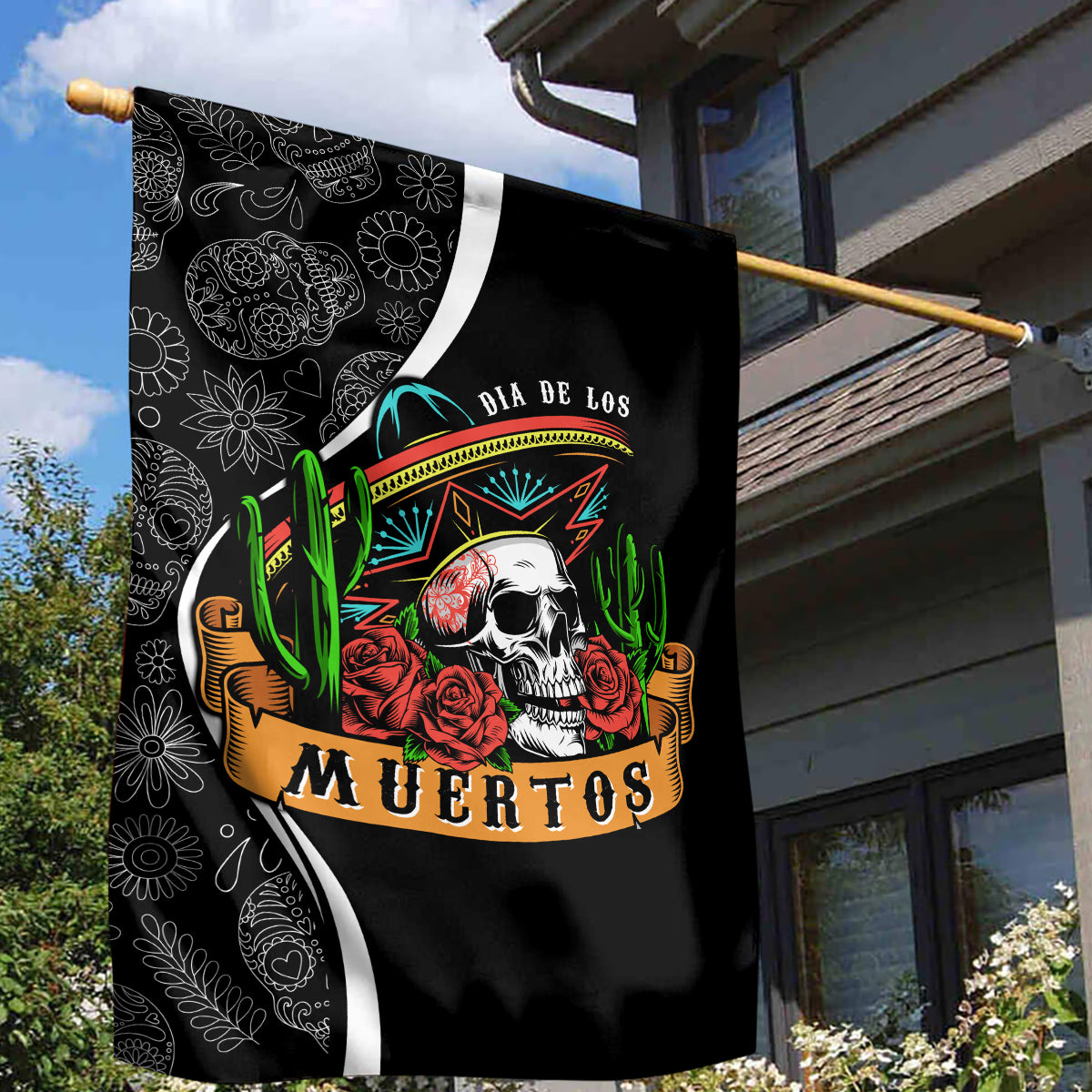 Mexico Day Of The Dead Garden Flag Sombrero Sugar Skull With Roses - Wonder Print Shop
