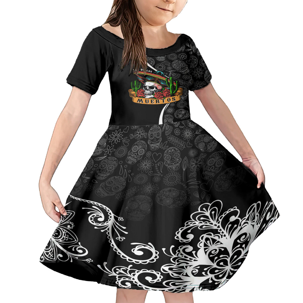 Mexico Day Of The Dead Kid Short Sleeve Dress Sombrero Sugar Skull With Roses - Wonder Print Shop