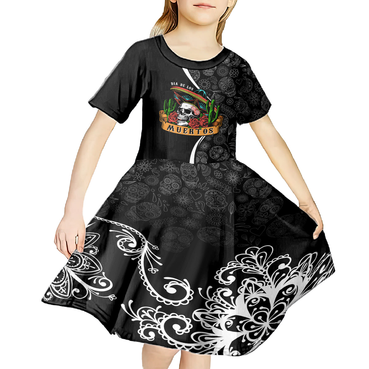 Mexico Day Of The Dead Kid Short Sleeve Dress Sombrero Sugar Skull With Roses - Wonder Print Shop