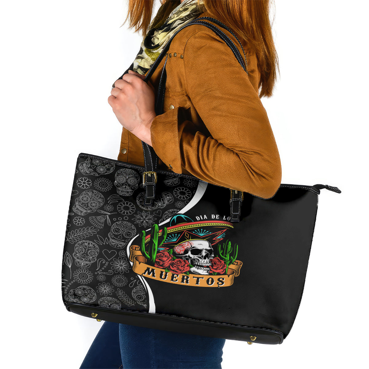 Mexico Day Of The Dead Leather Tote Bag Sombrero Sugar Skull With Roses - Wonder Print Shop