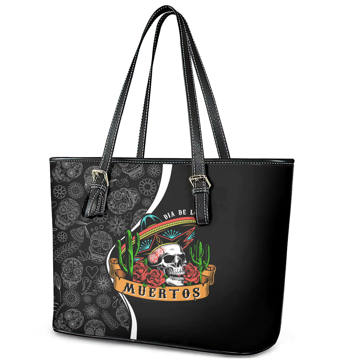 Mexico Day Of The Dead Leather Tote Bag Sombrero Sugar Skull With Roses - Wonder Print Shop