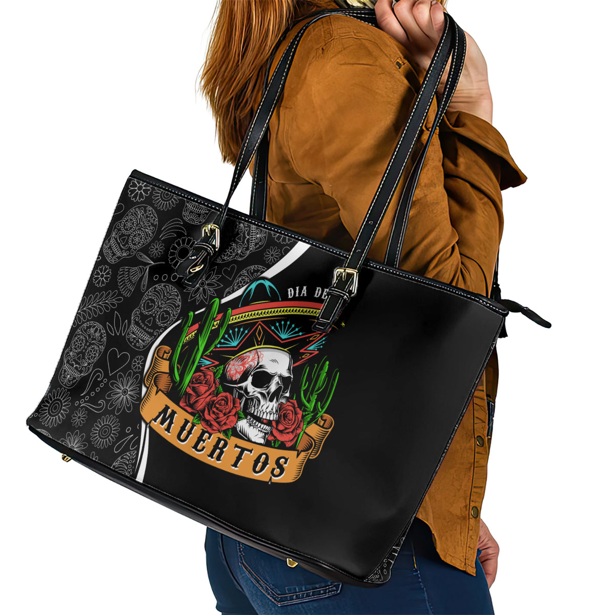 Mexico Day Of The Dead Leather Tote Bag Sombrero Sugar Skull With Roses - Wonder Print Shop