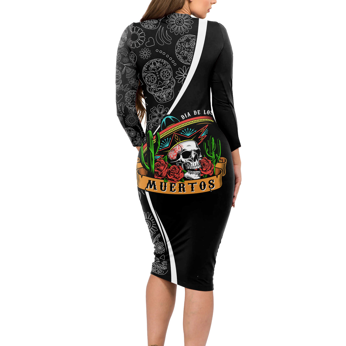 Mexico Day Of The Dead Long Sleeve Bodycon Dress Sombrero Sugar Skull With Roses - Wonder Print Shop