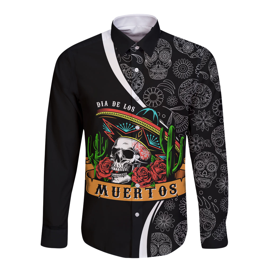 Mexico Day Of The Dead Long Sleeve Button Shirt Sombrero Sugar Skull With Roses - Wonder Print Shop