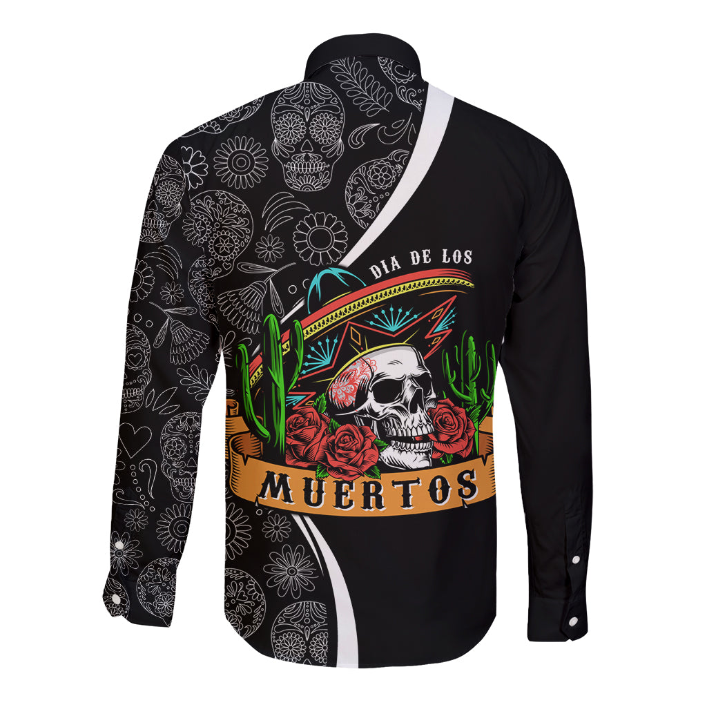 Mexico Day Of The Dead Long Sleeve Button Shirt Sombrero Sugar Skull With Roses - Wonder Print Shop