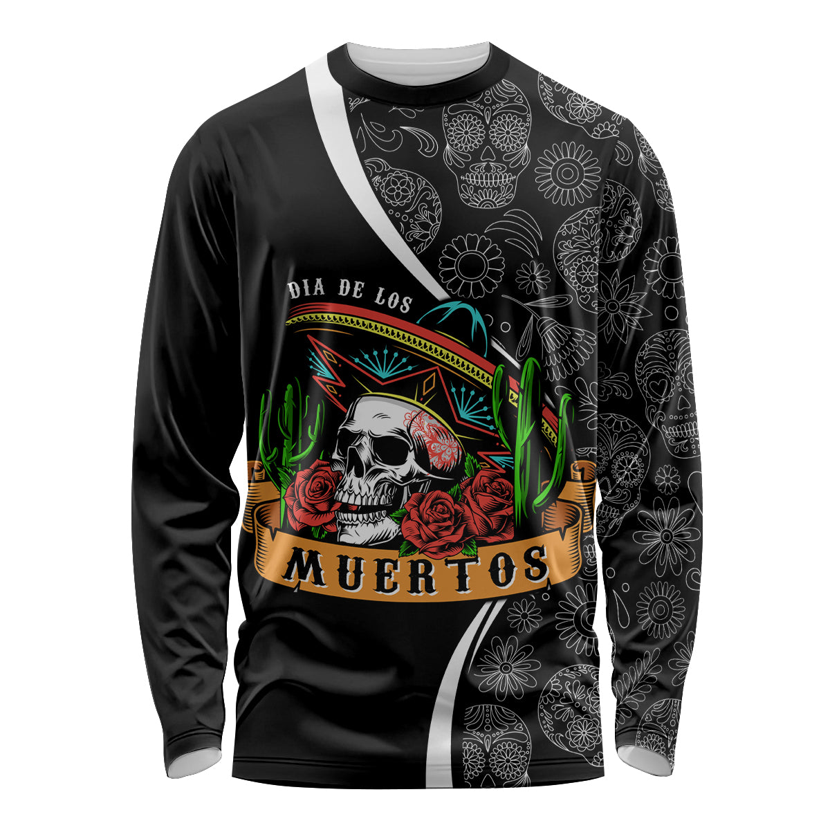 Mexico Day Of The Dead Long Sleeve Shirt Sombrero Sugar Skull With Roses - Wonder Print Shop