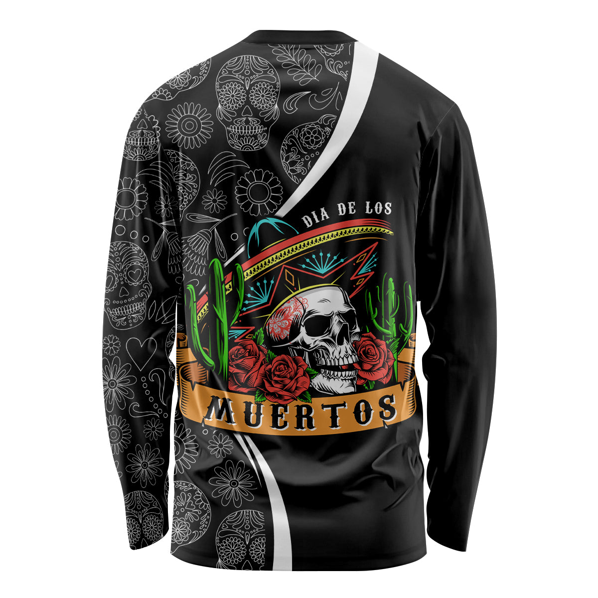 Mexico Day Of The Dead Long Sleeve Shirt Sombrero Sugar Skull With Roses - Wonder Print Shop