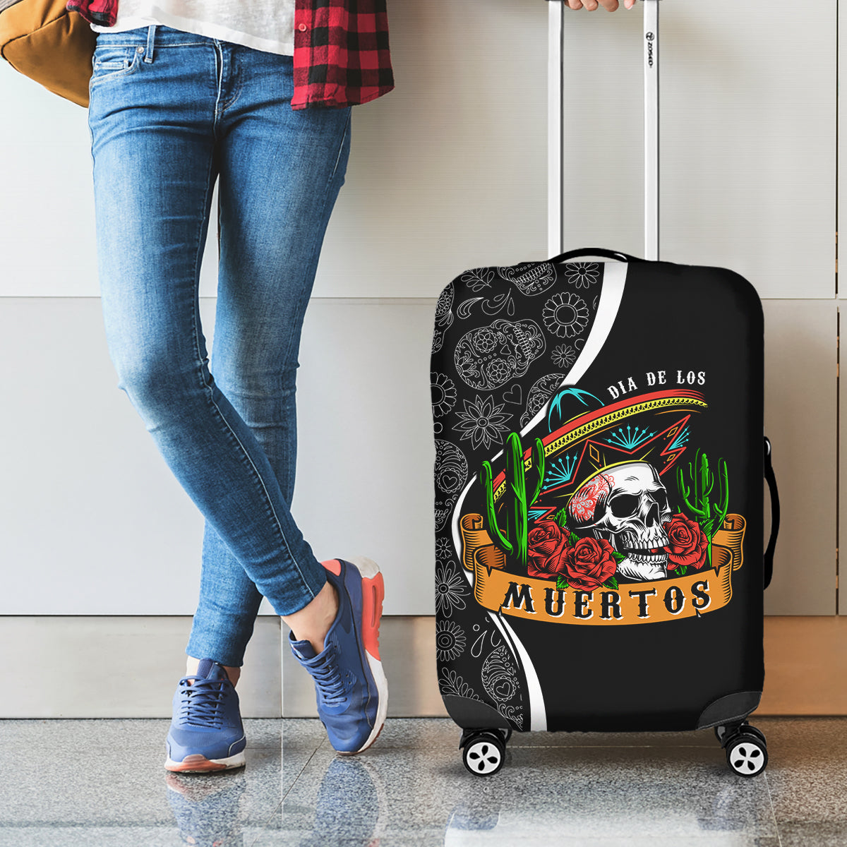 Mexico Day Of The Dead Luggage Cover Sombrero Sugar Skull With Roses - Wonder Print Shop